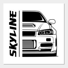 the front end of a white car that is in black and white, with the words skyway on it