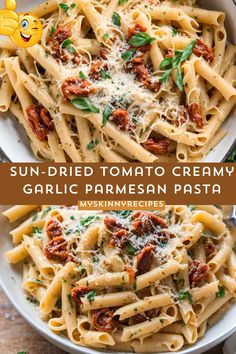 sun dried tomato creamy garlic parmesan pasta in a white bowl