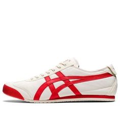 Onitsuka Tiger Mexico 66 'Creamwhite Red' 1183B497-101-KICKS CREW Vintage White Sneakers With Gum Sole, Sporty White Sneakers With Rubber Heel Cap, Classic White Sneakers With Red Sole, Red Retro Sneakers With Rubber Sole, Retro Red Sneakers With Rubber Sole, Retro White Sneakers With Rubber Waffle Outsoles, Vintage White Sneakers With Vulcanized Sole, Red Lace-up Sneakers With Rubber Heel Cap, Vintage White Lace-up Sneakers