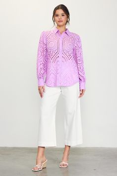 Embroidered eyelets create a peekaboo effect on this airy long-sleeve blouse. Button it up over a tonal cami or layer it on top of your swimwear while on holiday. •Pointed collar •Button front placket •Long sleeves •Barrel cuffs •Shirttail hem Item Number: 45547 Daywear Eyelet Button-up Top, Chic Eyelet Blouse For Daywear, Spring Eyelet Button-up Top, Long Sleeve Eyelet Tops For Daywear, Feminine Summer Eyelet Blouse, Long Sleeve Eyelet Blouse For Daywear, Elegant Long Sleeve Eyelet Blouse, Feminine Button-up Blouse For Vacation, Feminine Long Sleeve Eyelet Blouse