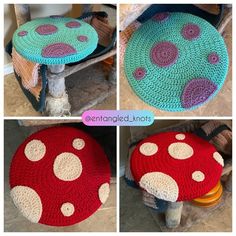 crocheted mushroom rugs in different colors and sizes