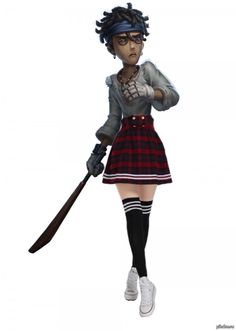 a woman in a skirt holding a baseball bat