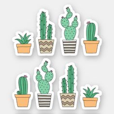 six cactus stickers with different shapes and colors on them, all in potsted together