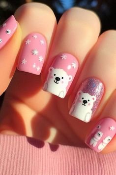 Christmas Nails Polar Bear, Christmas Summer Nails, Cute Pink Christmas Nails, Polar Bear Nail Art, Polar Bear Nails, Pink Christmas Nail, Nails Preppy, Bear Nails, Girls Nail Designs