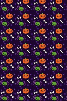 halloween themed wallpaper with pumpkins, bones and stars on purple background for kids's room