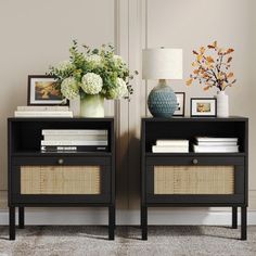 two black nightstands with wicker baskets and flowers on each side, against a beige wall