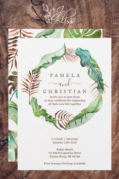 rustic hawaiian tropical leaves wedding invitation Watercolor Island, Island Plants, Tropical Themed Wedding, Big Banana, Beautiful Floral Arrangements, Leaf Invitations, Tropical Greenery, Tropical Wedding Invitations