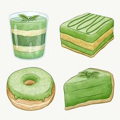 four different types of food are shown in this drawing style, each with a green frosted donut and two slices of cake