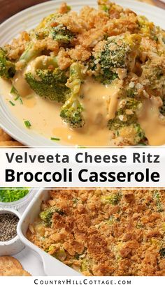 broccoli casserole with cheese sauce on top is shown in two separate images