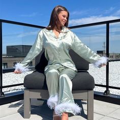 Upgrade Your Sleepwear with Our Feathered Pajama Set Say goodbye to uncomfortable nights and hello to ultimate relaxation with Nordic Peace’s premium sleepwear set! Made from a soft and breathable fabric, the Pastel pajama set is designed to keep you comfortable all night long. The unique feathered design on the shirt sleeves and trouser bottoms adds a touch of elegance and sophistication to your nightwear. Soft and Skin-Friendly Pajamas The Pastel feathered pajama set is made from a high-qualit Pastel Pajamas, Feather Pajamas, Pajama Design, Silk Loungewear, Bridal Pajamas, Satin Nightwear, Night Suit, Wallpaper Free, Sleepwear Sets