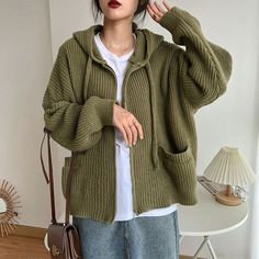 #ad Top Seller for Loose Hooded Knitted Cardigan Women's Autumn Winter Sweater Coat Jumper Outwear, Fashion Women's Sweaters Cardigan Grunge, Casual Coats For Women, Hooded Knit Cardigan, Hooded Cardigan Sweater, Cardigan Casual, Pocket Sweater, Chic Shirts, Zip Cardigan, Knitted Hood