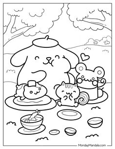 a coloring page with an animal family on the beach