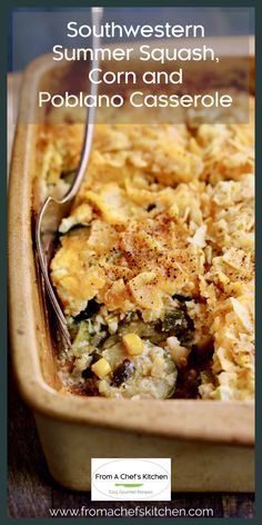 a casserole dish with corn and spinach in it, topped with a fork