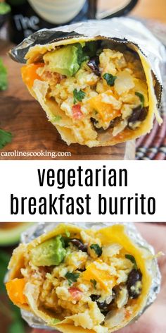 vegetarian breakfast burrito is cut in half and stacked on top of each other