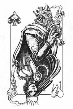 a black and white drawing of a king playing cards