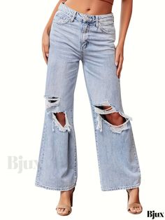 Bjux - Womens High-Waisted Wide Leg Denim Jeans in Blue with Ripped Details and Slant Pockets Ripped Washed Blue Bottoms For Fall, High Waist Ripped Washed Blue Bottoms, Ripped Denim Bottoms In Washed Blue, Trendy Ripped Washed Blue Bottoms, Ripped Washed Blue Denim Bottoms, Washed Blue Ripped Denim Bottoms, Wide Leg Denim Jeans, Wide Leg Pant, Wide Leg Denim