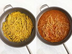 two pans filled with spaghetti next to each other on top of a white counter