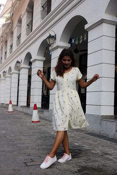 "Skater dress for women, Cream linen dress, Block print dress, Linen tunic dress, Made to order, Custom made, Plus size A woman's wardrobe is incomplete without fun and colorful dress! -Model height: 5'3\" wearing size S -Length: 37\" -Closure: front button The front and back upper part of the dress is hand embroidered. This is a one of a kind of hand work called Maggam embroidery." Casual Linen Floral Print Dress, Knee-length Linen Floral Print Dress, Floral Print Linen A-line Dress, Bohemian Printed Linen Dress, Bohemian Linen Printed Dresses, Printed Linen Beach Dresses, Floral Print Linen Dress For Day Out, Off White Cotton Casual Dress, Casual Off White Knee-length Midi Dress