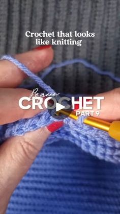 the crochet pattern is being worked on by someone with red nail polishes