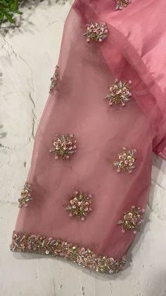 Maggam Work Blouse Designs Net Hands, Light Pink Blouse Designs, Blouse Designs Netted, Pink Net Blouse Designs, Aari Work In Net Blouse, Net Sleeves Blouse Designs For Silk Saree, Simple Net Blouse Designs