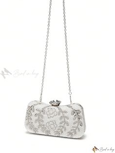 Bird in Bag - Rhinestone-Embellished Womens Clutch Bag: Elegant Evening Shoulder Bag for Brides and Wedding Events Elegant Crystal Bags With Rhinestones, Elegant Wedding Clutch With Bling, Bling Clutch Evening Bag For Wedding, Elegant Handheld Evening Bag With Bling, Silver Rectangular Shoulder Bag For Wedding, Silver Bedazzled Evening Bag For Events, Elegant White Bag With Rhinestones, Formal Silver Shoulder Bag With Rhinestones, Formal Silver Shoulder Bag With Bling