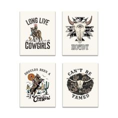 four square coasters with the words long live cowgirls, can't be tame