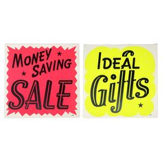 two stickers that say, money saving and ideal gifts on the same piece of paper