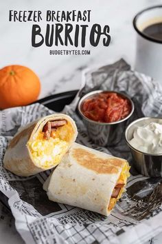 breakfast burritos with coffee and salsa on the side