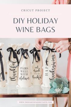 diy holiday wine bags on a table with text overlay