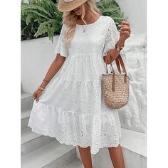 Season:Summer; Fabric:Lace,Cotton; Sleeve Length:Short Sleeve; Look After Me:Machine wash; Gender:Women's; Style:Elegant,A Line; Elasticity:Inelastic; Occasion:Vacation; Fit Type:Loose Fit; Dresses Type:A Line Dress,White Dress; Pattern:Plain; Design:Eyelet,Ruffle Trim; Neckline:Crew Neck; Brand:Shall We; Listing Date:04/11/2024; Bust:null; Length:null; Shoulder Width:null; Sleeve:null; Waist:null; Fit US Size:null; Fit UK Size:null; Fit EU Size:null; Dress Length Type:Midi Dress; Print Type:non Casual Hollow Out Summer Dress, Casual Summer Dress With Hollow Out Details, Summer Eyelet Dress With Short Sleeves, Short Sleeve Eyelet Dresses For The Beach, Casual Eyelet Dresses For Spring, Casual Eyelet Dress For Day Out, Casual Eyelet Dress With Short Sleeves, Summer Vacation Eyelet Dresses, Bohemian Eyelet Dress For Summer