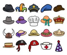 many different hats are shown on a white background