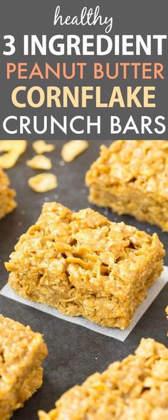 three ingredient peanut butter cornflake crunch bars on a baking sheet with text overlay