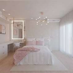 a bedroom with a bed, desk and mirror in it's centerpieces