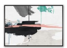 an abstract painting with black, white and pink colors