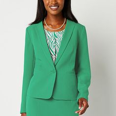 Made from a soft crepe in an earthly green hue, this women's suit jacket from Black Label by Evan Picone is a comfortable and stylish choice when the occasion calls for a sharp, tailored look. Complement your silhouette in this sleek, classic-fit blazer with a partially collarless peak lapel and side slit pockets. Pair with the matching skirt and heels.Front Style: Single BreastedFeatures: Stretch FabricClosure Type: ButtonFit: Classic FitPockets: 2 Front Slip PocketsSleeve Length: Long SleeveSleeve Style: Vent SleeveApparel Length: 23 InchesFiber Content: 97% Polyester, 3% ElastaneFabric Description: CrepeLining: LinedLining Material: PolyesterCare: Dry Clean OnlyMaterial: Polyester BlendCountry of Origin: Imported Suit Jackets For Women, Peak Lapel, Fitted Blazer, Suit Jackets, Black Label, Suit Jacket, Sleek, Blazer, Black