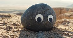 a rock with googly eyes sitting in the sand