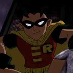 an animated image of batman and robin wayne from the animated series, robin wayne is holding his arm out in front of him