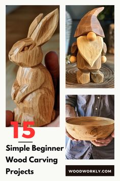 wooden carving projects for beginners with text overlay that reads 15 simple beginner wood carving projects