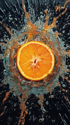 an orange is in the middle of water splashing from it's center piece