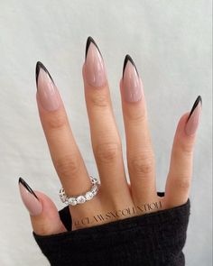 Classy Black French Nails, Angled French Tip Nails Almond, Almond Triangle French Tip Nails, French Manicure Pointy Nails, Black V French Tip Nails Almond, Think French Tip Nails Almond, Deep V French Tip Nails Almond, V French Almond Nails, Triple French Nails