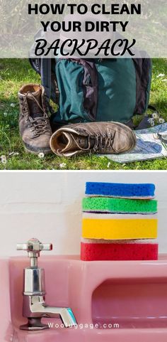 a pink sink with the words how to clean your dirty backpack on it and an image of