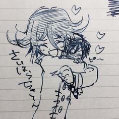 a drawing of two people hugging each other in front of some writing on lined paper