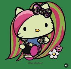 hello kitty sitting on top of a pink and green striped chair with flowers in her hair