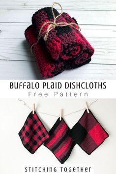 three crocheted dishcloths hanging on clothes pins with text overlay that reads, buffalo plaid dishcloths free pattern