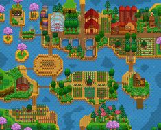 an old - school pixel map with lots of trees and houses on it, including buildings