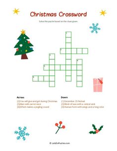 a crossword puzzle with christmas trees and snowflakes on the bottom right corner