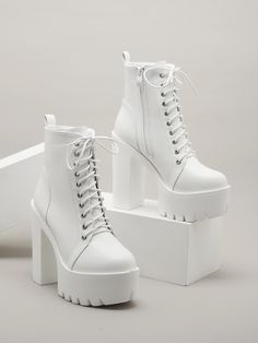 Blanco  Collar     Embellished Heeled Combat Boots, White Combat Boots, Fashion Shoes Heels, Shoes Outfit Fashion, Boots Women Fashion