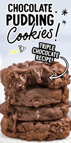 chocolate pudding cookies stacked on top of each other with the words triple chocolate recipe below