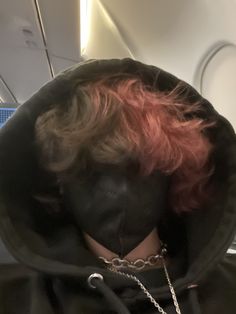 fluffy hair covers eyes, red/brown split dye, wears black mask (covid), black hood up. wearing chains Hair Split Dye, Split Dye, Red Hair, A Man, Split, Dye