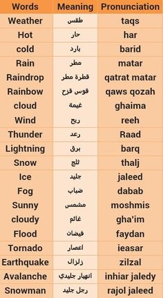 the different types of words used in arabic and english are shown on an orange background